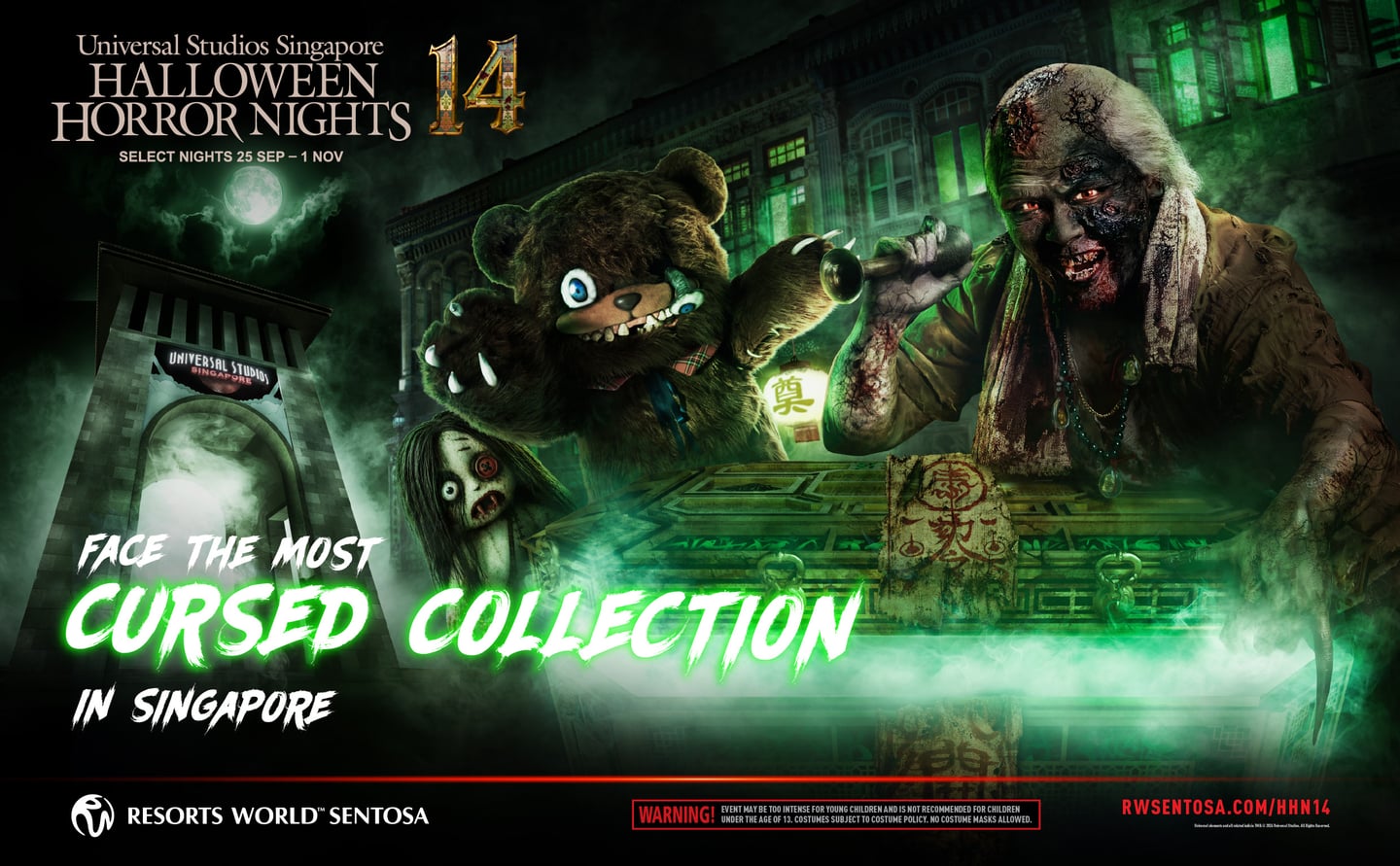 Poster Halloween Horror Nights 14 di Universal Studios Singapore pada Halloween 2026.